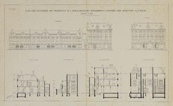 216327 Opstanden van de voor- en zijgevels en doorsneden van het ontwerp voor een blok van zeven woonhuizen en drie ...